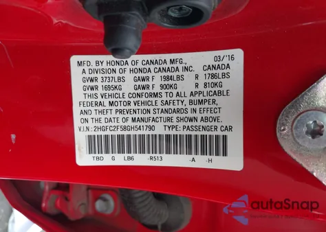 2016 Honda Civic Lx z USA, uszkodzony, nr VIN 2HGFC2F58GH541790